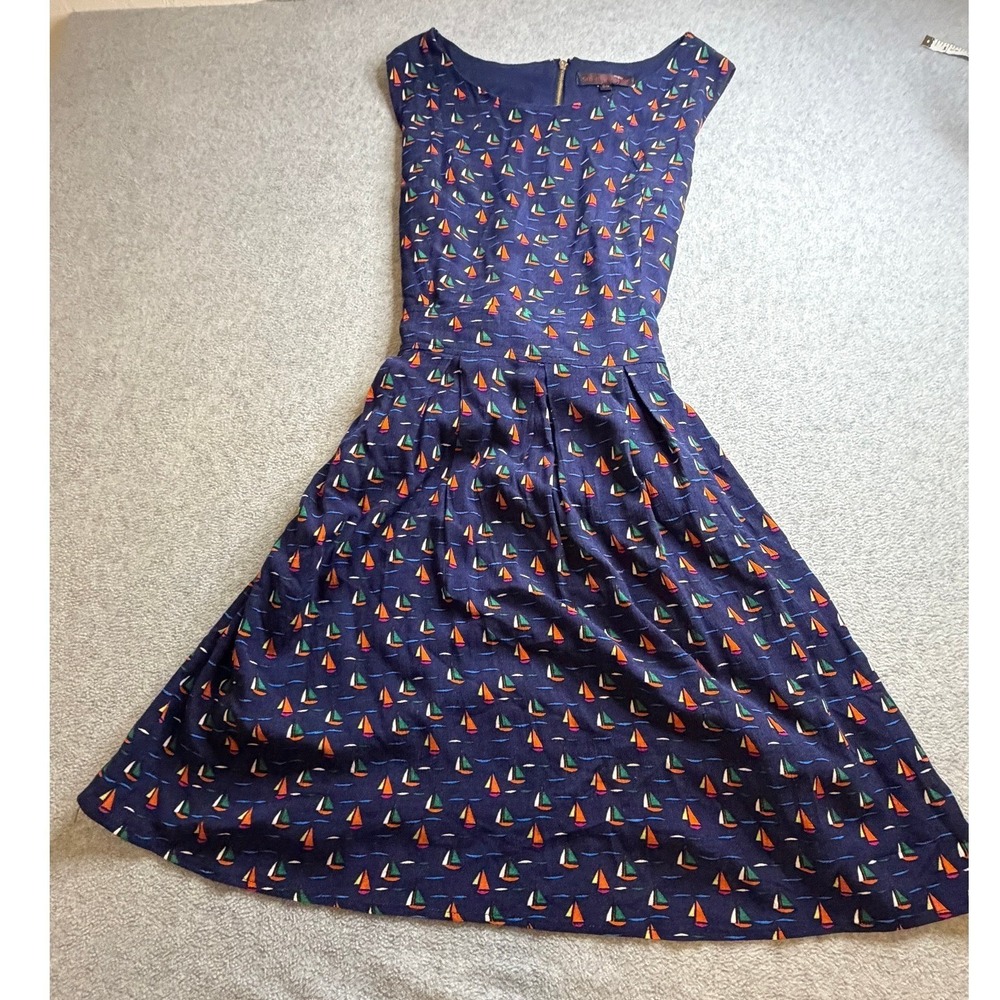 SM Wardrobe Sailboat Print Fit & Flare Dress S/M Navy Blue Nautical A-Line S/M
